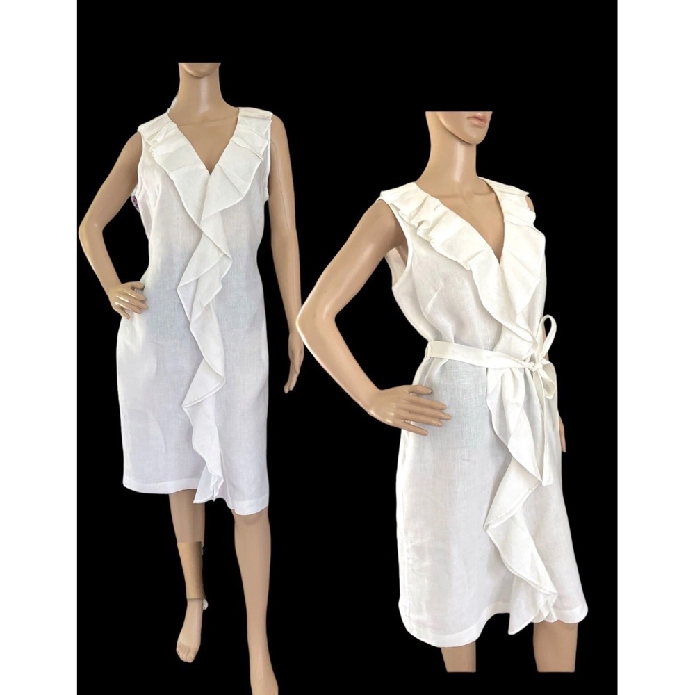 Talbots Ruffle‎ Front 100% Linen Sheath Dress Women 6P White Coastal Summer